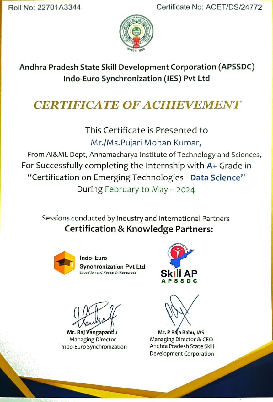 APSSDC Data Science Certificate